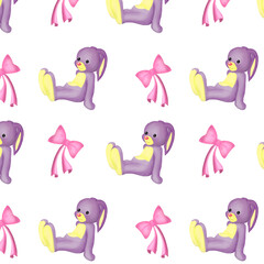 Fototapeta premium Digital art.Pink bow and Lilac Bunny on a white background.