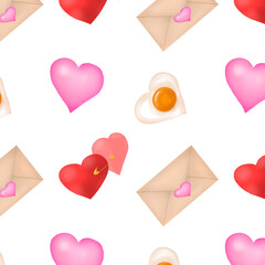 Digital art.Valentines day.Envelope, hearts and scrambled eggs in the shape of a heart on a white background.