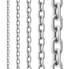 Realistic seamless metal chain with silver links isolated on white background. Vector illustration.