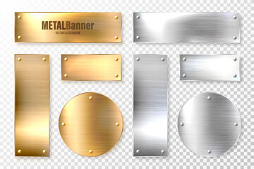 Realistic shiny metal banners set. Brushed steel and copper plate. Polished silver metal surface. Vector illustration.
