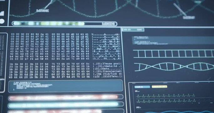 Screen with digital software program for analyzing data. Charts, DNA, charts, glowing tools. Slow motion pan