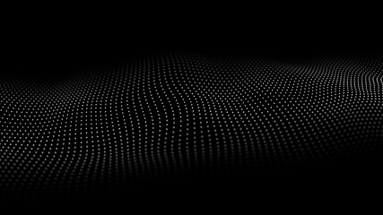 Abstract black background digital dynamic particles wave. Dynamic smoke particle wave. Techno wave shaped array of dots. 3D rendering.