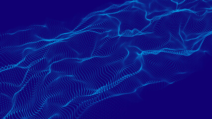 Abstract blue background, digital dynamic particles wave. Dynamic smoke particle wave. Techno wave shaped array of dots. 3D rendering.