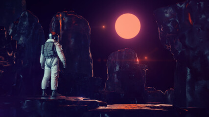 Astronaut In Dark Rocky Landscape Lookingt Into Starry Sky With Neon Glowing Sun | Science Fiction / Retrowave / Synthwave | 3D Render Illustration 8K 