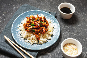 Homemade sesame Chicken served with Jasmine white rice