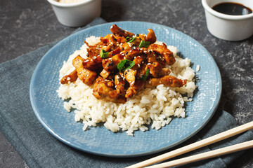 Homemade sesame Chicken served with Jasmine white rice