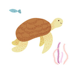 Illustration of a turtle, fish and seaweed. Pretty doodle design.