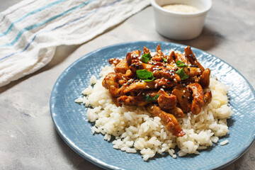 Homemade sesame Chicken served with Jasmine white rice
