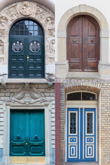 Fototapeta na wymiar four wooden doors with a beautiful decorative finish in the historical part of various European cities