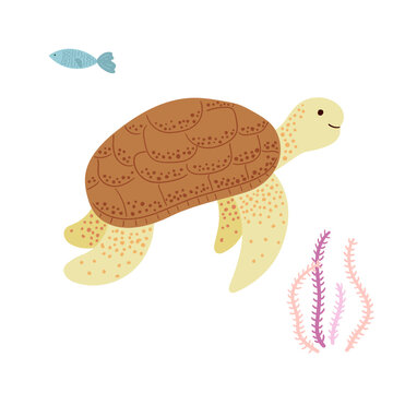 Illustration of a turtle, fish and seaweed. Pretty doodle design.