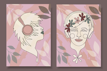 Faces of fictional man and woman on a pink background with floral designs. Portraits of fictional guy and girl in line technique. Youth with headphones in surrealistic style.