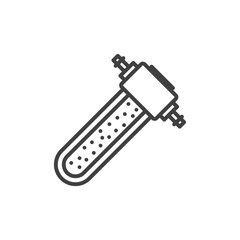 Fuel filter icon with visible fuel mesh cleaning system. Fuel inlet and outlet from different sides. Simple line drawing of a direct fuel filter. Isolated vector on white background.