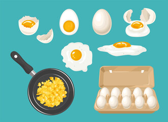 Set of white chicken eggs. Whole eggs in carton box, broken egg, yolk, boiled, fried egg, cracked shell and scrambled eggs in frying pan. Vector food illustration in cartoon flat style.
