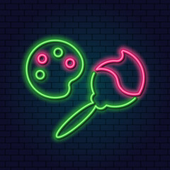 Neon Palette with Paints and Brush. Emblem for the Art School. Glowing Neon Linear Design Element against a dark background.