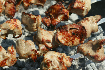 Pork meat is cooked on the grill, hot coals