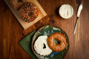 Assorted bagels with cream cheese