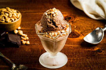 food, bowl, meal, diet, chocolate, white, snack, milk, sweet, spoon, brown, plate, dessert, ingredient, dish, table, Ice cream, Ice-cream, Gelato, Peanuts, Peanut butter, Chocolate, Scoops, Topping, D