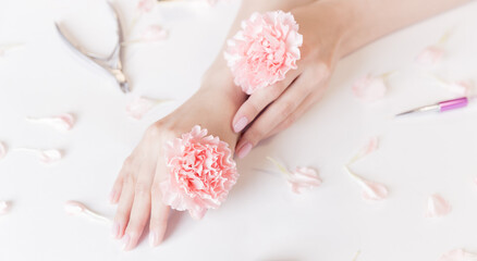 Obraz na płótnie Canvas Close-up beautiful sophisticated woman hands with pink flowers on white background. Concept manicure hand care, anti-wrinkles, anti-aging cream, spa