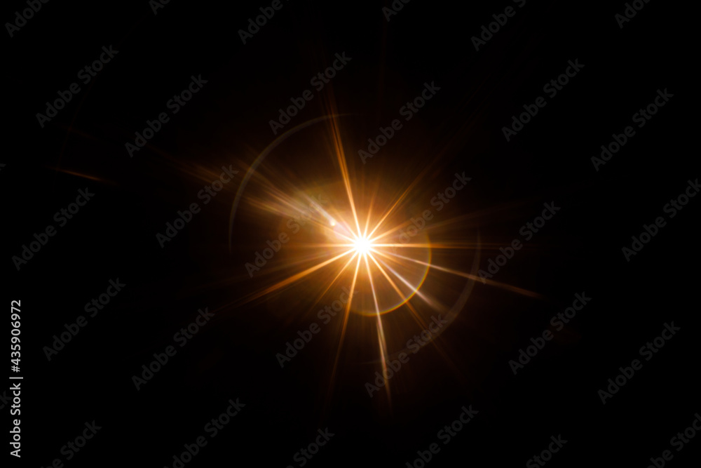 Aufkleber Easy to add lens flare effects for overlay designs or screen blending mode to make high-quality images. Abstract sun burst, digital flare, iridescent glare over black background.