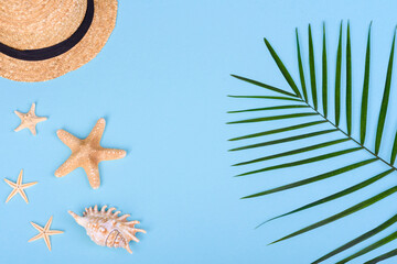 Fototapeta na wymiar Beach accessories: glasses and hat with shells and sea stars on a colored background