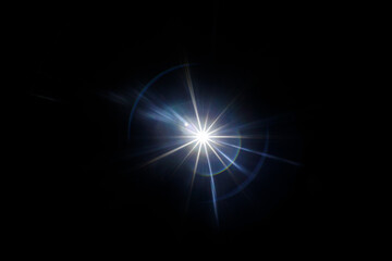 Easy to add lens flare effects for overlay designs or screen blending mode to make high-quality images. Abstract sun burst, digital flare, iridescent glare over black background.