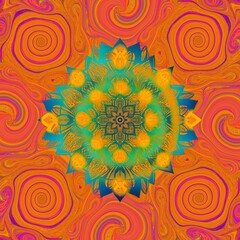Colorful mandala on orange swirling background 