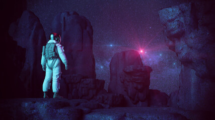 Obraz premium Astronaut In Dark Rocky Landscape Lookingt Into Starry Sky | Science Fiction / Retrowave / Synthwave | 3D Render Illustration 8K 