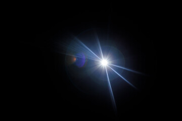 Easy to add lens flare effects for overlay designs or screen blending mode to make high-quality images. Abstract sun burst, digital flare, iridescent glare over black background.