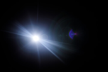 Easy to add lens flare effects for overlay designs or screen blending mode to make high-quality images. Abstract sun burst, digital flare, iridescent glare over black background.