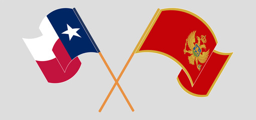 Crossed and waving flags of the State of Texas and Montenegro