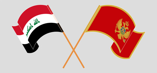 Crossed and waving flags of Iraq and Montenegro