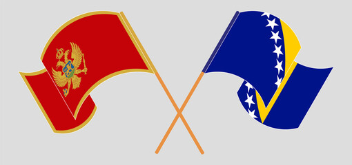 Crossed and waving flags of Montenegro and Bosnia and Herzegovina