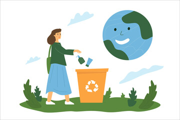Fototapeta na wymiar A girl throws plastic bottles into a dumpster, a smiling planet above her, a metaphor for the usefulness of recycling plastic.
