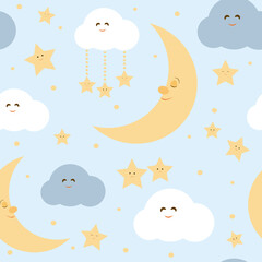Fototapeta na wymiar Seamless pattern with cute sleeping moon, stars and clouds. Vector illustration. It can be used for wallpapers, wrapping, cards, patterns for clothes and other.