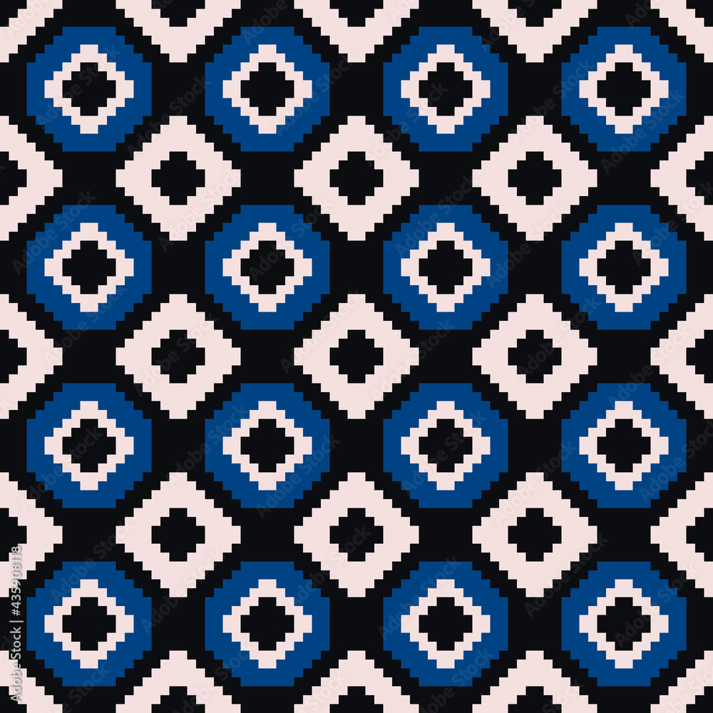 Poster blue pixelated rhombuses pattern. vector and seamless ornament.