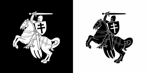 Black and white versions of images of a rider on a horse from the coat of arms of the Republic of Belarus in 1991 - 1994. Vector