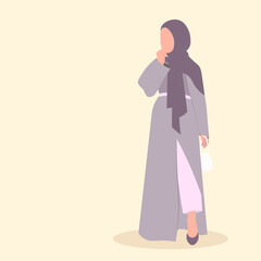 Arabic muslim woman in hijab and traditional fashion Abaya from UAE or Saudi Arabia, carries a luxury hand bag, going for shopping. Islamic clothes, faceless model vector illustration