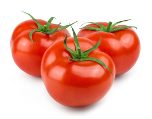 Ripe red tomatoes isolated on white background. Fresh vegetables food.