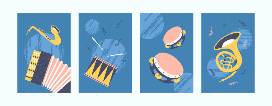 Illustration set for music concept in retro style. Collection of art posters in pastel colors. Drum, tambourine, pipe and accordion on blue background. Can be used for banners, website designs
