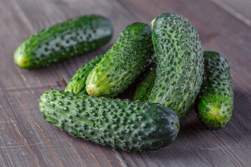 Cucumber on brown wood texture background.Cucumbers harvest in summer. Cucumbers for salads or canning. Summer vegetables. Organic agriculture in village.