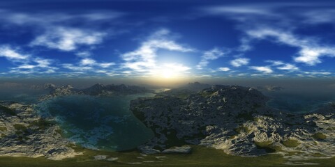 HDRI, environment map , Round panorama, spherical panorama, equidistant projection, panorama 360, Hills and lakes
