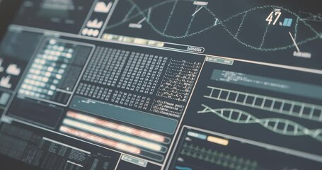 Analysis software activated by touch command on screen. DNA sequencing, laboratory analysis - Powered by Adobe