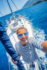 Beautiful Girl relaxing On Yacht in Greece - 435910795