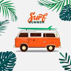 Vintage surf travel bus concept. Summer tropical background. Flat vector illustration © VIKTORYIA