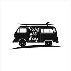 Surf every day. The concept of the travel by bus logo. Retro vector illustration