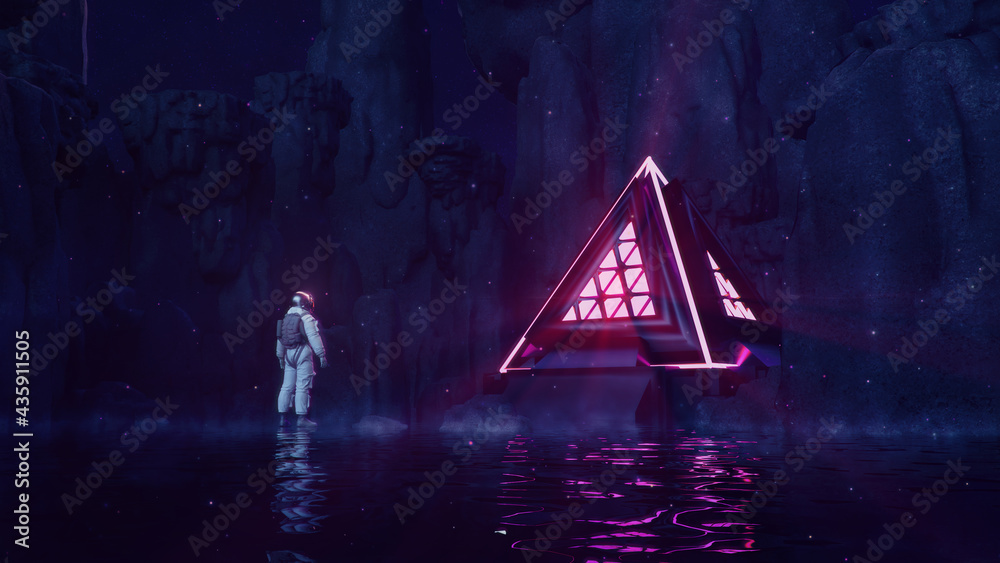 Wall mural Astronaut In Dark Rocky Landscape Lookingt With Neon Glowing Pyramid | Science Fiction / Retrowave / Synthwave | 3D Render Illustration 8K 