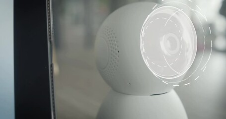 Activation home camera security system with tablet screen and modern camera robot. Smart Home App.