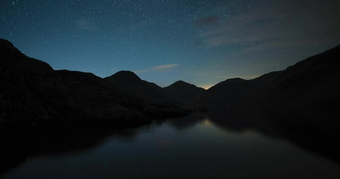 Time lapse of starry night sky over Wastwater, Lake District National Park, Cumbria