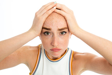 Young beautiful red hair model sad