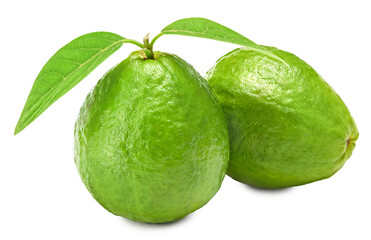 guava with green leaves isolated on white background. clipping path